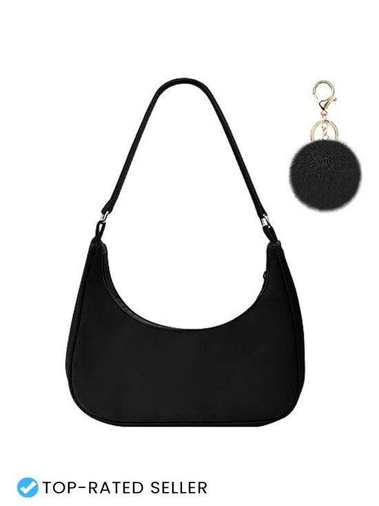 Handbags - Vintage Y2K Style Shoulder Bag, Nylon Sling Purse with Fluffy Pom Pom Keychain